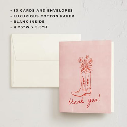 Minted Thank You Cards Pack, Set of 10, Folded Thank You Cards with Envelopes, Blank Card, Pink Boot & Flowers Design, Luxurious Paper, Designed by Independent Artists, Baby Shower, Bridal Shower - color: Party Boots