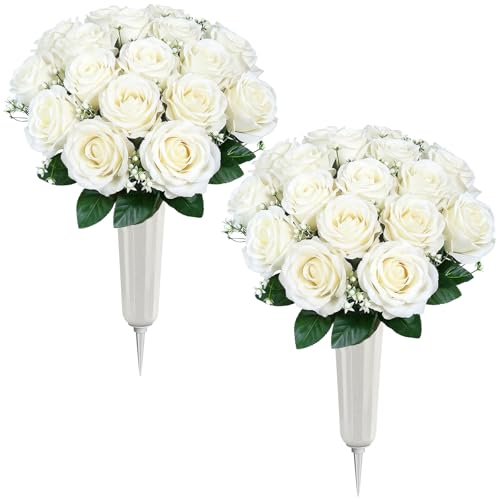 Lewondr Artificial Cemetery Flowers with Vase for Grave, White Rose, 2 Pack - color: White