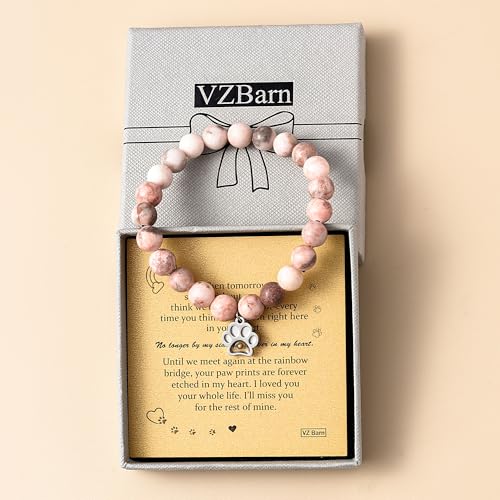 VZBarn Memorial Gifts for Loss of Pet’s Mom Pet Keepsake Dog Cat Paw Charm Natural Stone Bracelet Remembrance Gift for Women - color: Pink Stainless Steel