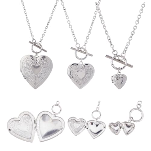 9pcs Stainless Steel Locket Pendants 3 Styles Photo Heart Frame Pendants Love Wedding Picture Locket Necklace with Toggle Clasps for DIY Memorial Necklace Jewelry Making Gift for Women