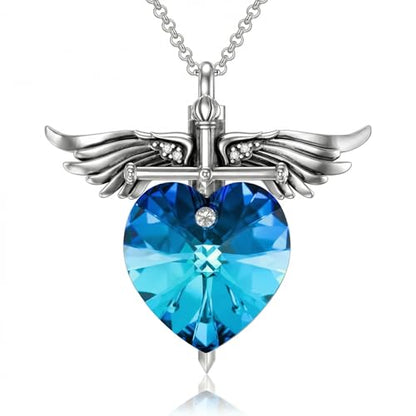 SOULMEET Memorial Wings Necklace for Ashes with Large Heart Crystal Birthstone, Angel Wings Urn Necklaces with Heart Shaped Birthstone Keepsake Silver Cremation Jewelry - style: L-December