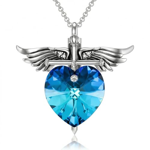SOULMEET Memorial Wings Necklace for Ashes with Large Heart Crystal Birthstone, Angel Wings Urn Necklaces with Heart Shaped Birthstone Keepsake Silver Cremation Jewelry - style: L-December