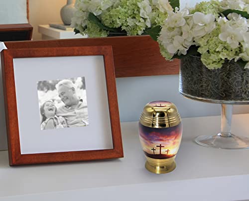 Sunset Cross Keepsake Urns for Human Ashes with Velvet Gift Box for Cremation Keepsakes for Ashes - Small Cremation Urn and Small Keepsake Urn Set of 4 - color: Three Crosses Sunset