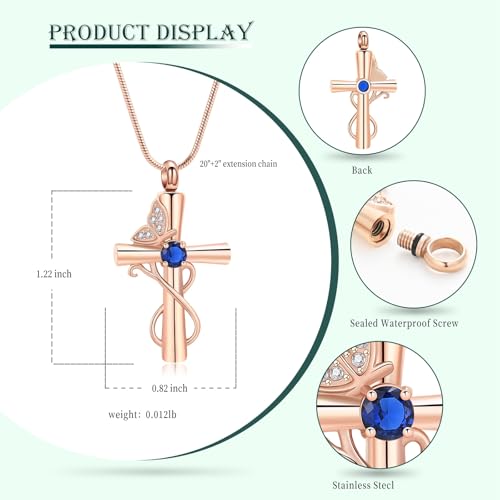 Butterfly Cross Cremation Jewelry Urn Necklaces Cross Butterfly Urn Necklaces for Ashes Memorial Keepsake Pendant for Women Men Gifts With Funnel Kit & Bag - color: Rose+Blue