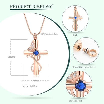 Butterfly Cross Cremation Jewelry Urn Necklaces Cross Butterfly Urn Necklaces for Ashes Memorial Keepsake Pendant for Women Men Gifts With Funnel Kit & Bag - color: Rose+Blue