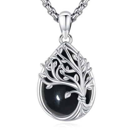 Sterling Silver Tree of Life Necklace for Women Oval Family Tree Necklace Abalone Shell Moonstone Pendant Mother Day Necklace for Mom Tree of Life Jewelry - style: Tree of Life-Obsidian-2