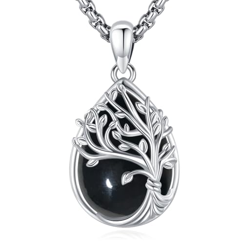 Sterling Silver Tree of Life Necklace for Women Oval Family Tree Necklace Abalone Shell Moonstone Pendant Mother Day Necklace for Mom Tree of Life Jewelry - style: Tree of Life-Obsidian-2