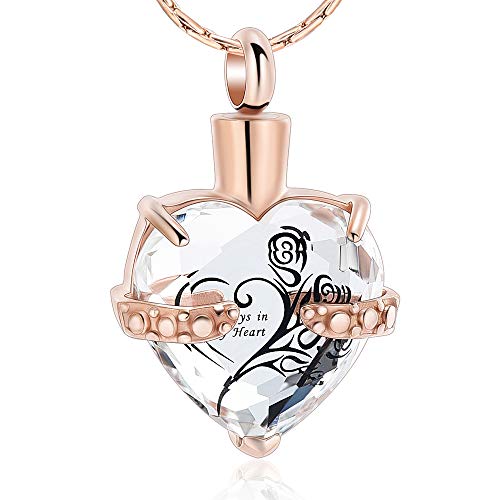 constantlife Crystal Heart Shape Cremation Jewelry Memorial Urn Necklace for Ashes, Stainless Steel Ash Holder Pendant Keepsake with Gift Box Charms Accessories for Women - color: Rose Gold+Clear