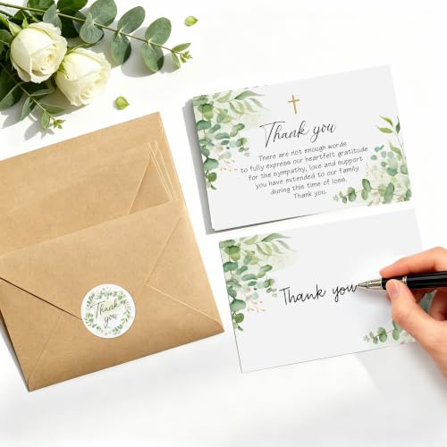 50 Pack Funeral Thank You Cards with Envelopes, Message Inside | 4x6In Thank You Cards for Funeral, Cross & Eucalyptus Design, Sympathy Bereavement Thank You Cards, Thank Family/Friends