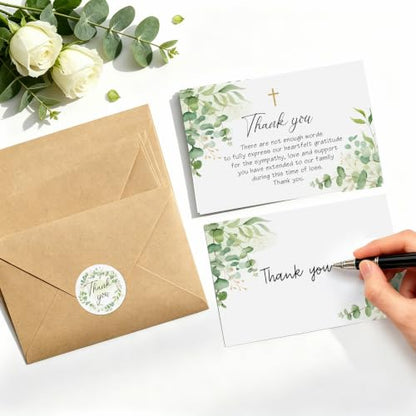 50 Pack Funeral Thank You Cards with Envelopes, Message Inside | 4x6In Thank You Cards for Funeral, Cross & Eucalyptus Design, Sympathy Bereavement Thank You Cards, Thank Family/Friends