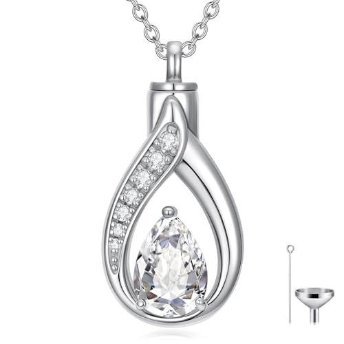 Teardrop Urn Necklace for Ashes Birthstone Keepsake Pendant Cremation Jewelry for Ashes Memorial Jewelry Gifts for Loss of a Loved One for Women - style: Apri-Diamond