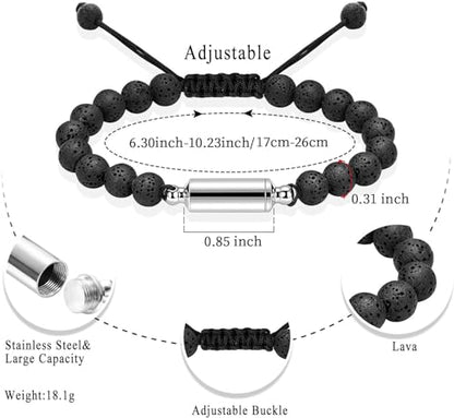 Hearbeingt Cylinder Cremation Bracelet for Ashes Adjustable Rope Urn Bangle - color: B-Silver Black