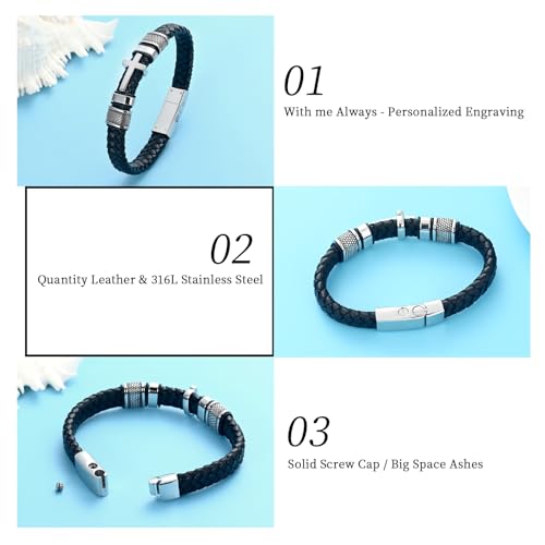 Oinsi Mens Double-Band Black Braided Leather Bangle Bracelets Cremation Jewelry for Ashes Wristband Memorial Urn Bangle with Cross Charm - color: A-Silver-24cm