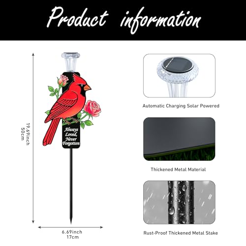 Solar Cardinal Memorial Stakes for Graves - Metal Cemetery Decorations with LED Light, Sympathy Gift for Loss of Father Dad, Mom, Grandma, Garden Grave Markers - style: Red Cardinal