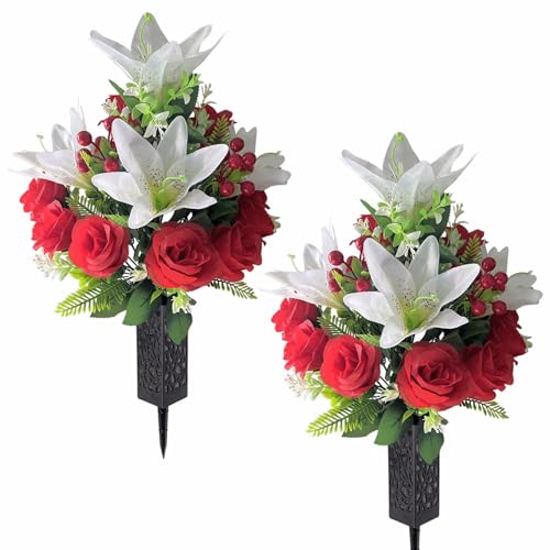 2 Sets Artificial Silk Cemetery Flowers, Red & White Flowers for Grave | Roses Lily Bouquet with Vases, Memorial Flowers for Gravesite, Memorial Day Mother's Day Grave Decorations - color: Red, White