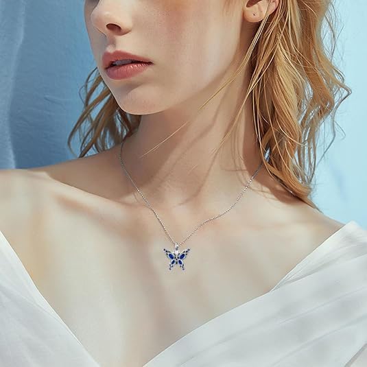 Q&D&S Cremation Butterfly Urn Necklace Jewelry for Ashes for Women Stainless Steel Inlaid Crystal Memorial Pendant Human Pet Ash Holder Gift A Loss of Loved Ones - color: blue