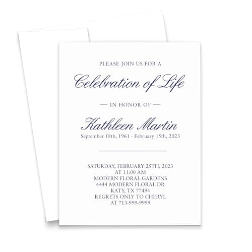 Custom Celebration of Life Invitation Cards Simple, FLAT Funeral Announcements For Memorial Service, Script Invitations With Envelopes, Funeral Invites, Your Choice of Quantity and Envelope Color - color: Blue Elegant