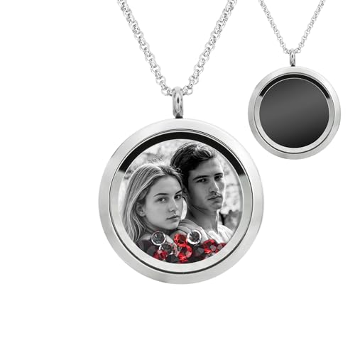 Laser Engraved Personalized Photo & Text Message Floating Locket Crystals Necklace Pendant Handmade Love Note Anniversary Wedding Birthday Gift - style: Red - Photo Engraving
