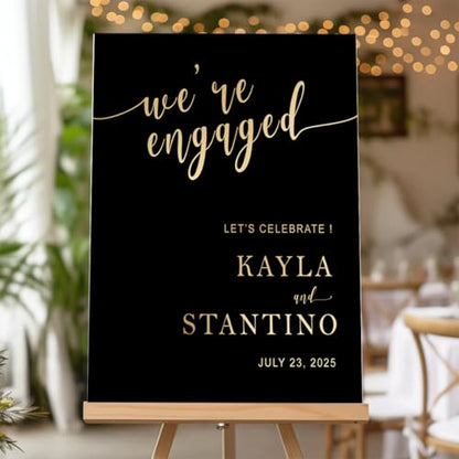 Personalized We're Engaged Welcome Sign | Gold Script on Black Background | Custom Couple Names & Date Engagement Sign | Elegant Engagement Party Decor | Waterproof PVC - color: Design 11