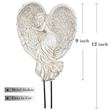 Angel Garden Statue for Outdoor Sleeping Angel with Wings Fairy Memorial Guardian Love Angels with Stake for Outside Yard Art Grave Cemetery Patio Balcony Lawn, White