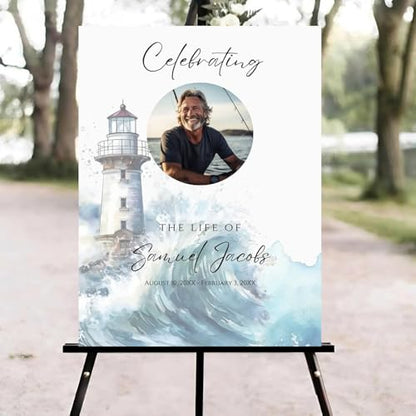 Watercolor Sea Theme Celebration of Life Welcome Sign, Funeral Welcome Sign, in Loving Memory Sign, Celebration of Life Funeral Sign, Celebration of Life Sign, Memorial Sign with Photo #T21222 - color: Version #19