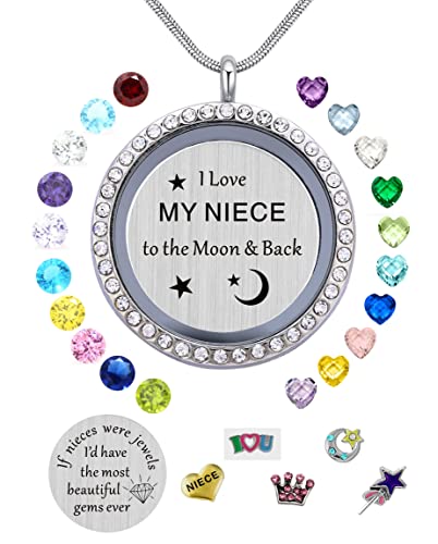 Beffy Locket Gifts for Niece Aunt, Floating Living Memory Necklace Pendant | Pendant Charm & Birthstone for Women, Mothers Day, Birthday, Stainless Steel - color: NiecesAunt-C001