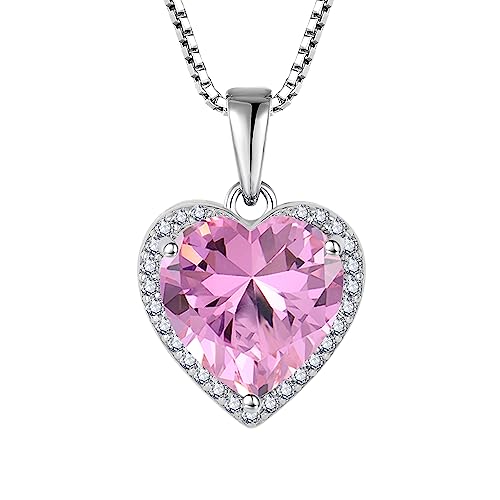 925 Sterling Silver Halo Heart Necklace for Women | Lwsary Love Heart Necklace, Heart Cut Birthstone Jewelry for Her - color: Pink