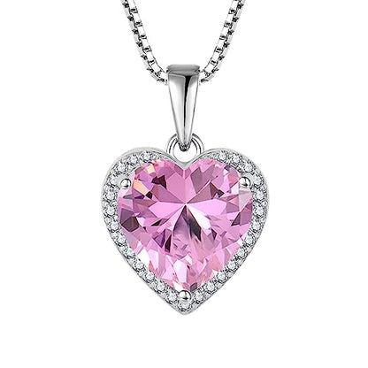 925 Sterling Silver Halo Heart Necklace for Women | Lwsary Love Heart Necklace, Heart Cut Birthstone Jewelry for Her - color: Pink