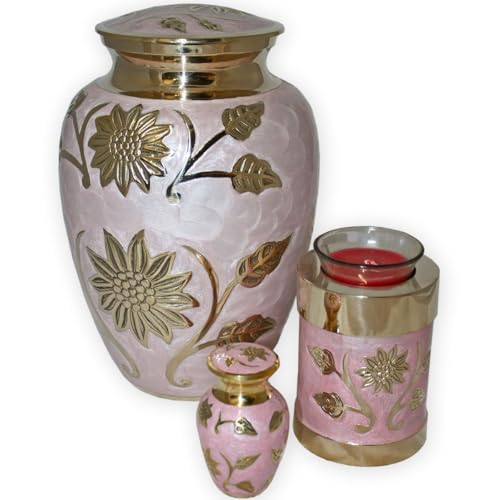 Pink Garden Brass Tealight Cremation Urn | Unique Brass Funeral Urn with Gold & Pink Enamel Details | Tealight - size: Tealight