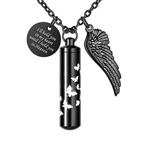Dletay Cylinder Urn Necklace for Ashes Butterfly Cremation Jewelry for Ashes Memorial Keepsake Pendant with Angel Wing Round Tag Stainless Steel Remembrance Jewelry - color: Black L, style: Non-Custom