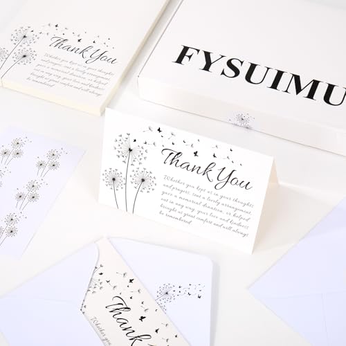 FYSUIMU 50Pcs Funeral Thank You Cards Bulk Boxed Black Dandelion Sympathy Thank You Cards with Sticker Envelope Bereavement Card for Memorial Service Loved Ones Celebration of Life - style: Dandelion