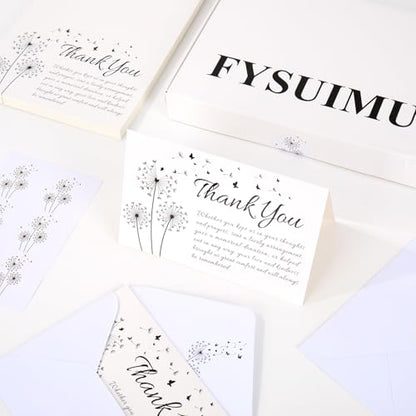 FYSUIMU 50Pcs Funeral Thank You Cards Bulk Boxed Black Dandelion Sympathy Thank You Cards with Sticker Envelope Bereavement Card for Memorial Service Loved Ones Celebration of Life - style: Dandelion