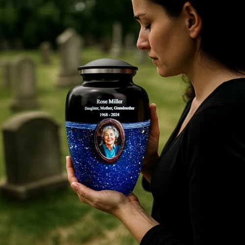 Blue Galaxy Photo Urn for Human Ashes – Personalized Cremation Tribute with Portrait, Name & Dates, Starry Sky Memorial Keepsake, Made in USA (Large) - size: Large