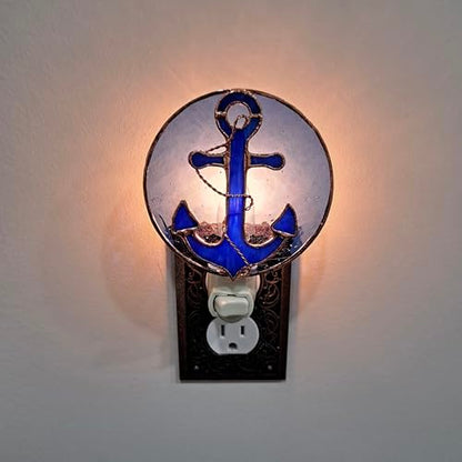 Gift Essentials Blue Anchor Plug-in Night Light - Stained Glass Nightlight | Blue Anchor Stained Glass Plug-in Nightlight with On/Off Rocker Switch. Includes One 4-Watt Replaceable Warm-Glow Bulb. - color: Anchor