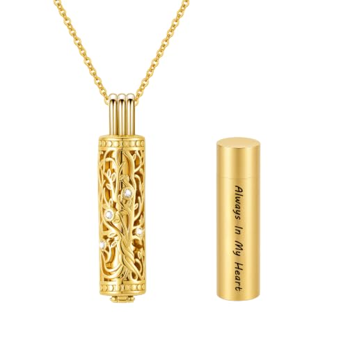 Cylinder Tree of Life Urn Necklace for Ashes Cremation Jewelry Vial Pendant for Women Men Memorial Keepsake for Loved Ones - Always In My Heart - color: All Gold-Always In My Heart