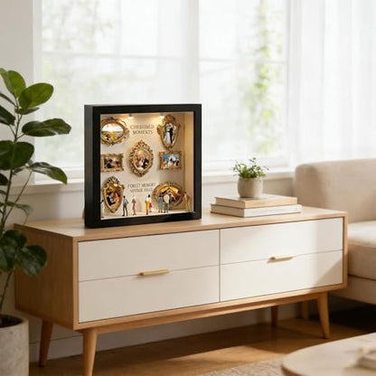Mini Museum Silhouette Shadow Box Frame, DIY Memory Display Photo Craft Kit with LED String Lights, Mini Gold Frames & Figurines, Keepsake Box for Wedding Anniversary Family Milestone Gift - color: White