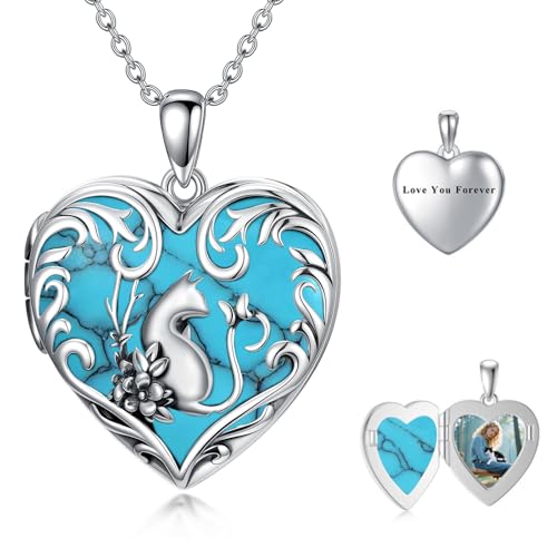 Dorunmo Personalized Heart Locket Necklace That Holds 2 Picture 925 Sterling Silver Custom Lockets Pendant Memorial Jewelry Gifts for Mom Sisters - color: Cat-Turquoise, style: Personalized-Photo+Text
