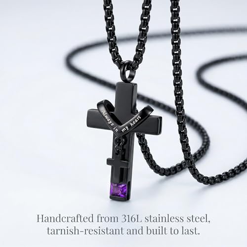YOUFENG Birthstones Urn Necklaces for Ashes Cross Cremation Pendant Urns for Human Ashes Memorial Keepsake Locket Jewelry - style: February-birthstones