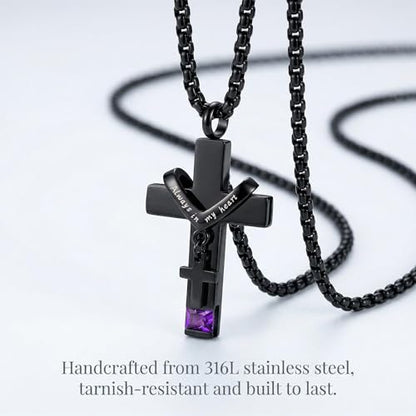 YOUFENG Birthstones Urn Necklaces for Ashes Cross Cremation Pendant Urns for Human Ashes Memorial Keepsake Locket Jewelry - style: February-birthstones