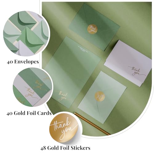 Gold Foil Thank You Cards - Bulk Pack of 40, 5x3.5 Inch with Matching Stickers & Envelopes (Green) Textured Surface for a Unique Feel - Suitable for Baby Shower, Wedding, Small Business, Graduation | 5 x 3.5 Inches, Green Textured Surface, Thank You Stick
