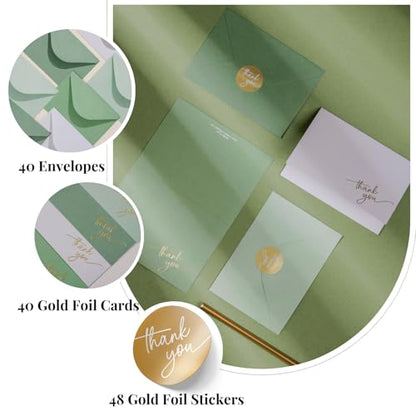 Gold Foil Thank You Cards - Bulk Pack of 40, 5x3.5 Inch with Matching Stickers & Envelopes (Green) Textured Surface for a Unique Feel - Suitable for Baby Shower, Wedding, Small Business, Graduation | 5 x 3.5 Inches, Green Textured Surface, Thank You Stick