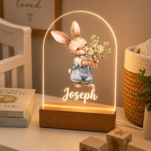 MIRROR MANIA Personalized Bunny Night Light with Name – Watercolor Rabbit Nursery Lamp, Soft White LED Acrylic Light on Wood Base with USB Cord, Custom Kids Room Decor, Made in USA