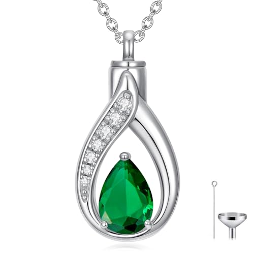 Teardrop Urn Necklace for Ashes Birthstone Keepsake Pendant Cremation Jewelry for Ashes Memorial Jewelry Gifts for Loss of a Loved One for Women - style: May-Emerald