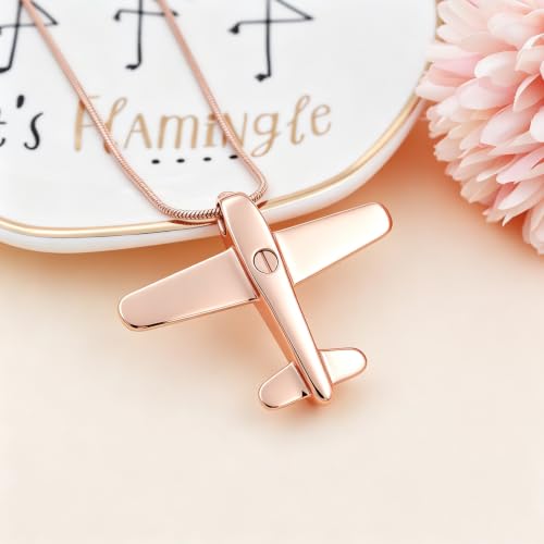 Airplane Ashes Necklace Aircraft Cremation Urn Necklace for Ashes Pendant Stainless Steel Keepsake Memorial Jewelry for Women Men - color: Rose gold