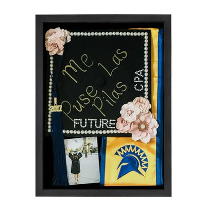 GraduationMall 12"x16" Graduation Cap Shadow Box Frame Wood Display Case with Stick Pins & Hanging Hardware - size: 12x16