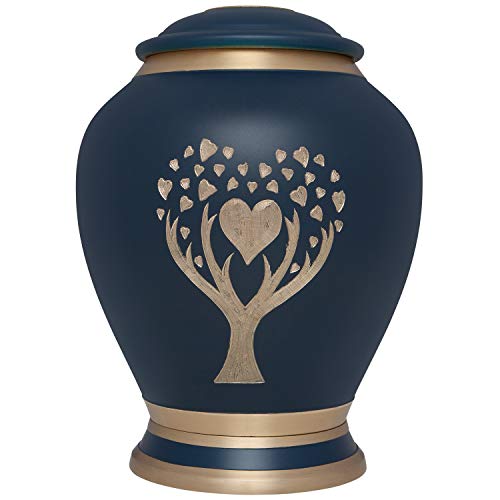 Blue Cremation Urn with Tree of Life by Liliane Memorials - Urns for Human Ashes remains - Brass - Suitable for Funeral Cemetery Burial or Niche - Large Size for Adults up to 200 lbs - Heart Love Tree - color: Blue