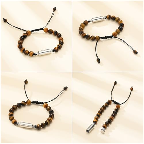 Hearbeingt Cremation Jewelry Urn Bracelet for Ashes Braided Rope Beads - color: Tiger Eye-Silver