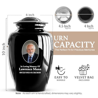 Custom Photo Cremation Urns for Human Ashes Adult Male Female - 200lbs Personalized Text Burial Urns for Human Ashes - Engraved Handcrafted Funeral Urn for Adult Velvet Bag, Black 10 Inch - color: Black