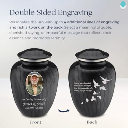 Embrace Adult Personalized Doves Cremation Urns for Human Ashes I Large Picture Pearl Black Funeral Urn for Adult Men and Women with Double Side Engraving I 200 lbs - color: _Pearl Black (Double Sided)