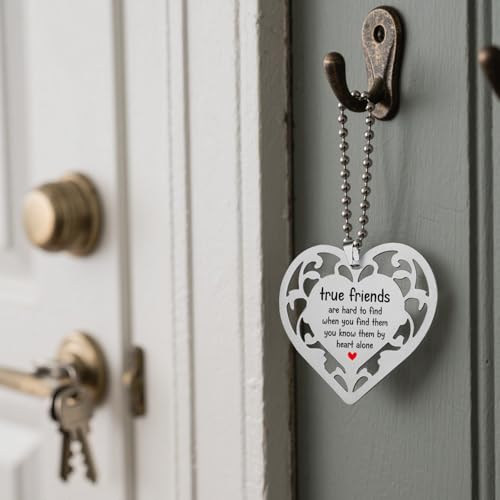 True Friends Heart Ornaments, Best Friend Gift with Meaningful Quote Stainless Steel Hanging Sign for Soul Sister, BFF, Long Distance Friend Thoughtful Birthday or Farewell Keepsake S2X44 - style: True Friends